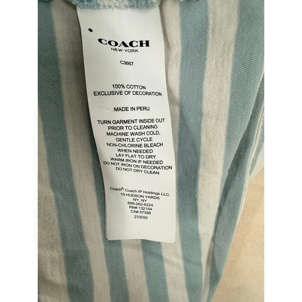 Coach Women’s Small Blue White Striped Logo T-Shirt 100% Cotton Y2K